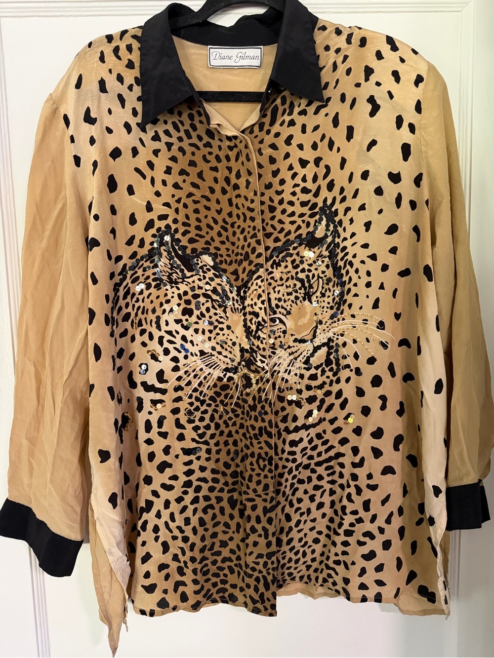 Vintage Diane Gilman Leopard Sequin Animal Print Blouse Shirt 90s Women’s XL